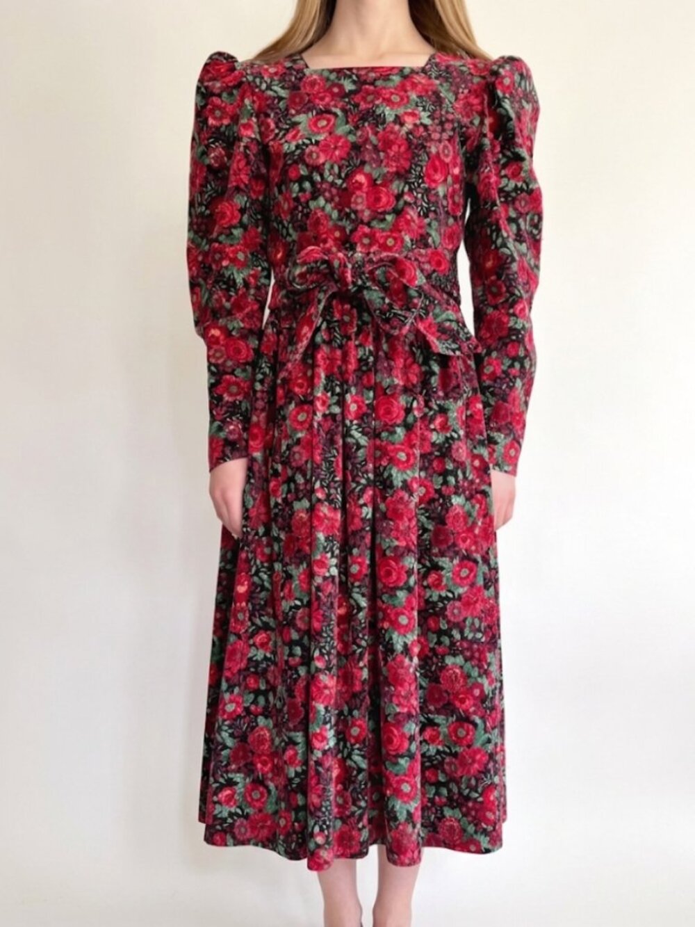 Laura Ashley Red Floral Corduroy Prairie Midi Dress Puff Sleeve Cotton Size 8